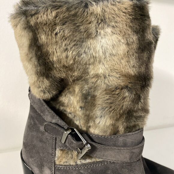 Stuart Weitzman Furstup Fur Boot Heel Suede Slate Grey Ankle Bootie Roun… - Picture 3 of 8